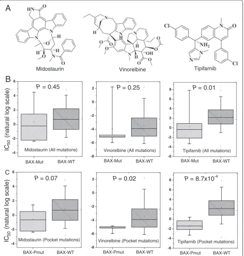 Figure 6 Anticancer drug sensitivity analysis. (A) The two-dimensional chemical structures of three anticancer drugs: midostaurin, vinorelbine,and tipifarnib