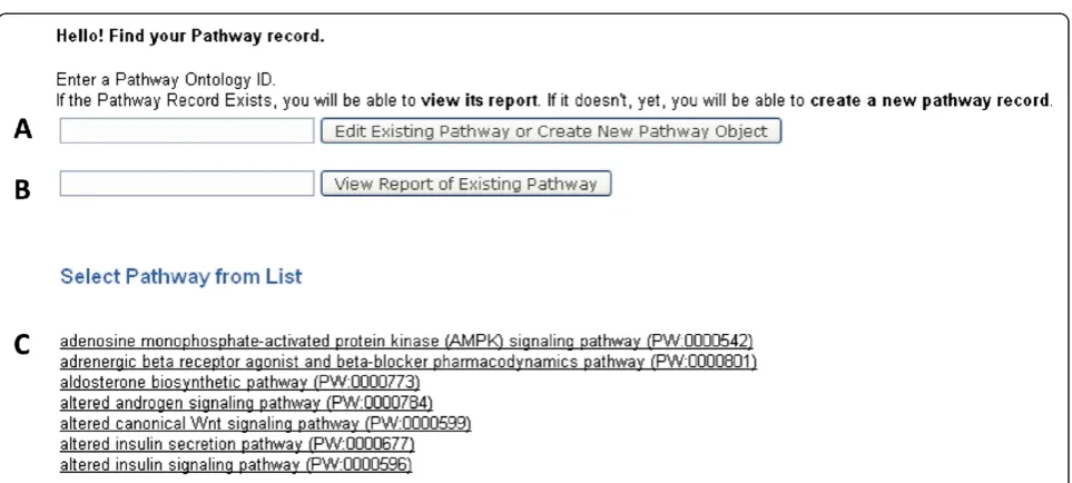 Figure 3 Pathway application Creation/Edit entry page.Existing pages can be viewed by entering the pathway ID