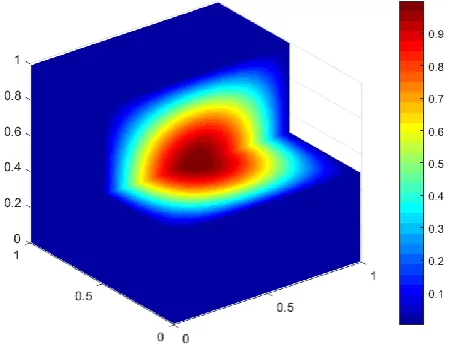 Figure 4. The numerical solution of Equation (10) on the face z=1/2 with 32×32×32 meshes