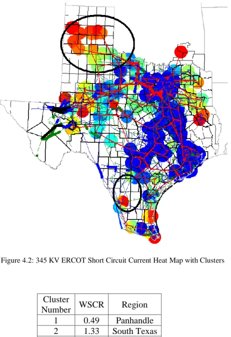 Figure 4.2: 345 KV ERCOT Short Circuit Current Heat Map with Clusters 