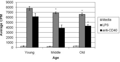 Figure 6Middle-aged and aged B cells show decreased ability to proliferate under stimulating conditionsmiddle-aged cells appear to be decrease are not significantly different (P = 0.09)