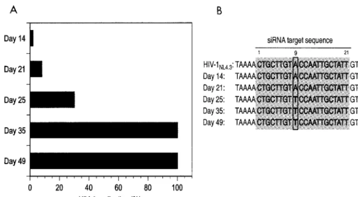 FIG. 5. (A) Inhibition of HIV-1 replication in H9 cells stably expressing targetsequence emerged at day 25, coincident with the loss of50escape started to emerge on day 25, and viral replication was no longer suppressed by day 35, with observed p24 antigen