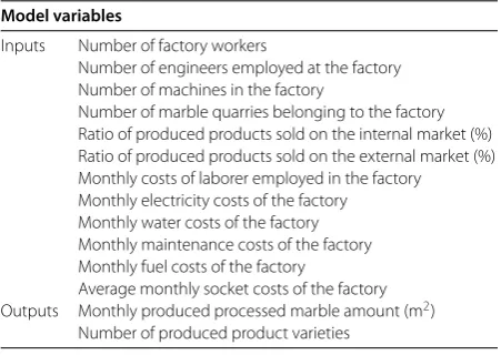 Table 1 Input and output variables used in the model of production