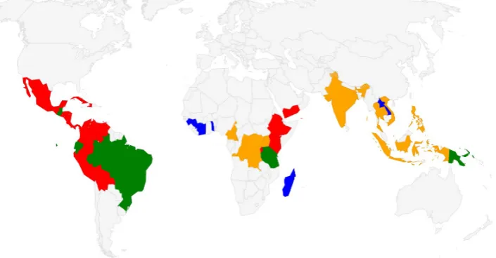 Figure 1: Coﬀee producing countries across the globe. Only countries with at least0.05% of the total world production are shown