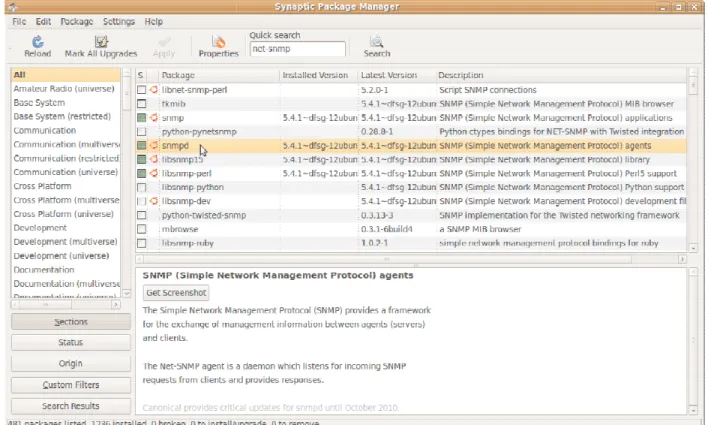 Figure 10 shows adding the net-snmp libraries using the synaptic package manager.
