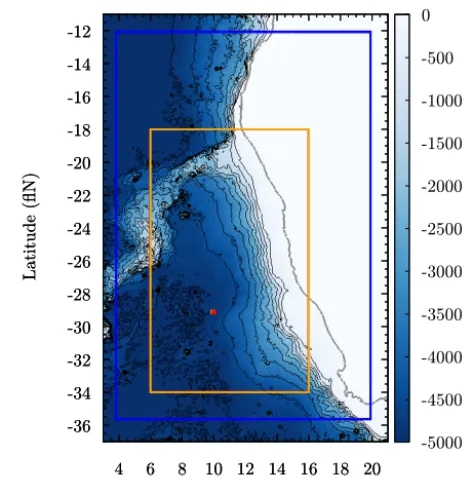 Figure 3. Map of region of study. Color corresponds to bathymetry.The blue rectangle is the region used for simulations of the ROMSmodel
