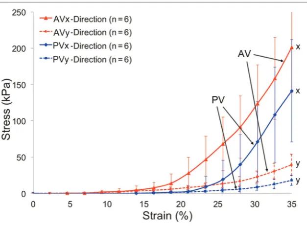 Figure 3. Stress–strain curves for AV and PV tissue samples at different orientations