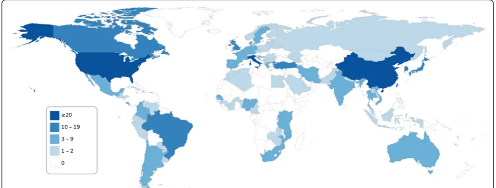 Figure 3 Number of publications, by country, reporting HPV genotype distribution in at least 50 cases of histologically confirmed cervical cancers