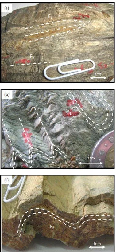 Figure 5. Photomicrograph of biotite-chlorite-muscovite schist showing a) S1 schistosity b) S2 schistosity  c) S2 and S3 schistosities