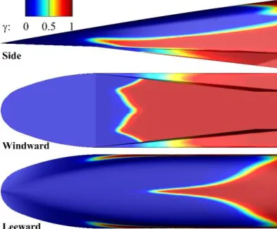 Figure 1 presents the computed transition zone distribution on X-51A forebody when Remaybe under the influence of separation and crossflow