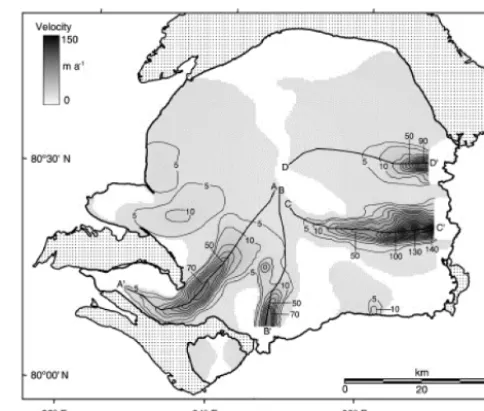 Figure 2. After Dowdeswell et al., 2002, interferometrically cor-rected derived ice surface velocities for the Academy of SciencesIce Cap