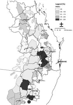Fig. 3. Vulnerability exposure variation in Australia for rainfed pasture producing regions, depending onwhether a suite of measures are included (left-hand image) (and including such aspects assignificant land degradation) or only natural and physical capital is included (right-hand image)(Nelson et al., 2005).