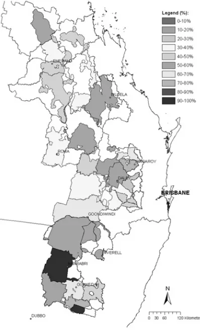 Fig. 6. Forecast rainfed sorghum yields for summer 2005, expressed as the probability of exceeding thelong-term median yields (calculated for each shire) and incorporating soil water recharge, soiltype, crop simulation model and climate forecasting model