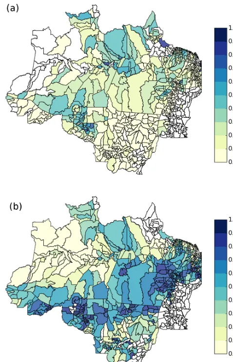Figure 4. Map of two selected components of the conditional tran-sition matrices q for each municipality of the Brazilian legal Ama-zon