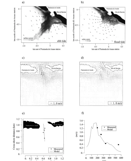 Figure 11. Comparison between JCU COSRAD HF radar and the Q3D model: superposition of COSRAD and x-band radar data for a) an ebb tide (1200hrs, 24/2/99, note the ebb tide plume) and b) a flood tide (1500hrs, 24/2/99); c) WIBATH simulation of ebb currents (