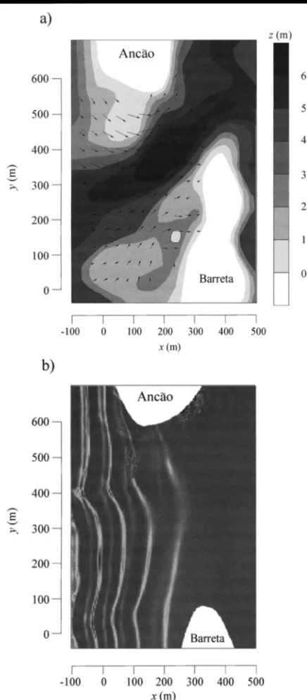 Figure 12. WACUP modelling for 2/2/99: a) bathymetry and imposed maximum flood tide current field (from LAGOON); b) surface wave pat- tern 37.5 s after beginning the simulation (sinusoidal wave, H = 1.5 m, T = 8 s)