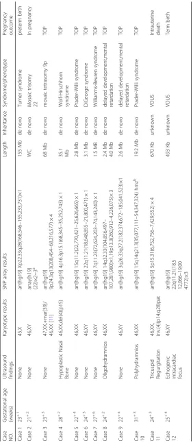 Table 2 Karyotype and SNP array abnormal results