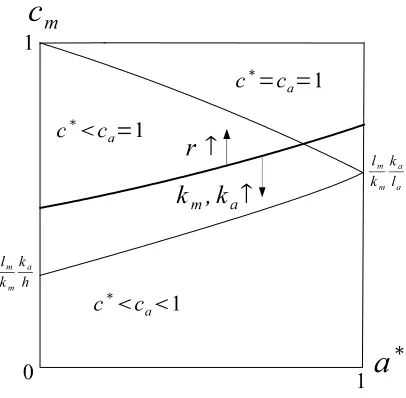 Figure 4: Shape of (P) and its relations with km; ka; and r