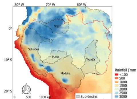 Figure 1. Amazon River sub-basins assessed in this study. Thebackground map shows the mean annual rainfall 2001–2014, mea-sured by the Tropical Rainfall Measuring Mission (TRMM)