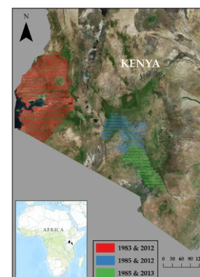 Figure 1. Study area: 1 126 25 km2 sample frames demarcating theproportion of land use/cover types estimated from aerial photo in-terpretation and ground surveys