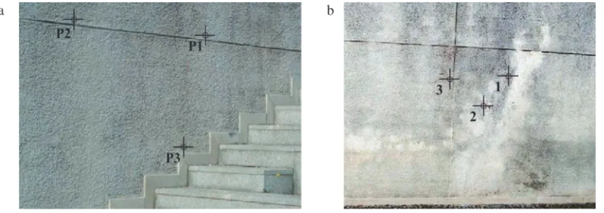 Fig. 3. Walls under study with measuring points: a) facing southeast; b) facing northeast