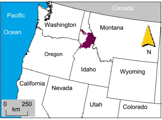 Figure 1. Nez perce clearwater national forest in Idaho (purple area), USA. 
