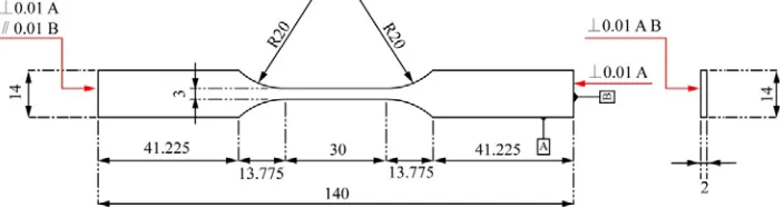 Figure 1. Geometry of dog-bone type specimen made of bulk 63Sn-37Pb solder material. 