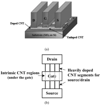 Fig. 1.  Schematic diagram of CNFET device (a) Cross sectional  view; (b) Top view.  