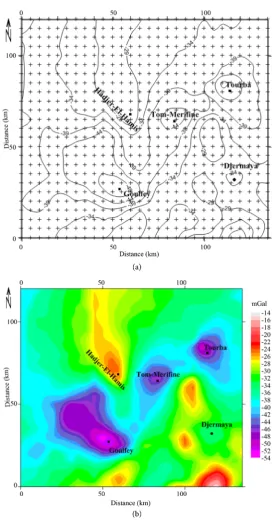 Figure 2. (a) Map of grid gravity stations distribution of Bouguer anomalies from modified; (b) Bouguer anomaly map of the region from [5][5] modified