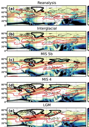 Figure 6. Evolution of the winter (JJA) precipitation (mm daycontours and the red contour lines show the 300 hPa zonal wind speed (10 m s−1) over the glacial cycle