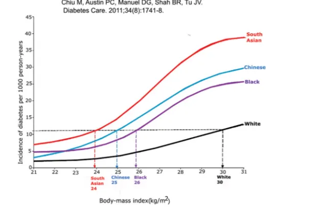 Figure 1. The relationship between body mass index and incidence of diabetes in four ethnic groups in Canada