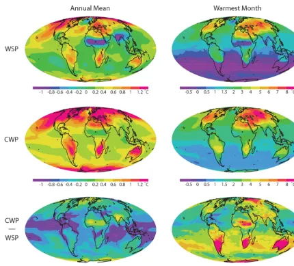 Figure 4. Spatial differences in quantiﬁed overestimation of LIG maximum temperatures for annual mean and warmest month temperatures.compilation-warmest-periods (CWP, middle row) and the difference between the two methods (CWP–WSP, bottom row)