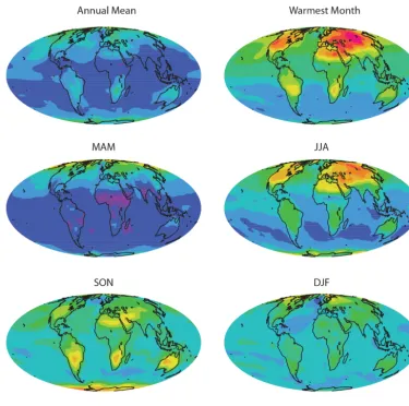 Figure 5. Spatial differences in LIG maximum temperatures (◦C) compared to pre-industrial for DJF, MAM, JJA and SON temperaturesfollowing the compilation-warmest-periods (CWP) methodology.
