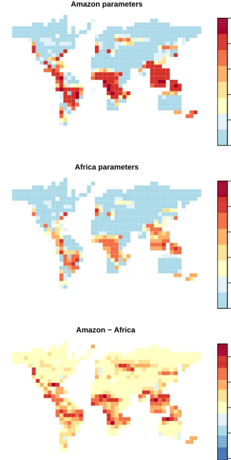 Figure 11. Top panel: forest fraction in the FAMOUS Amazon atthe set of parameters where FAMOUS best matches each of theother forest observations