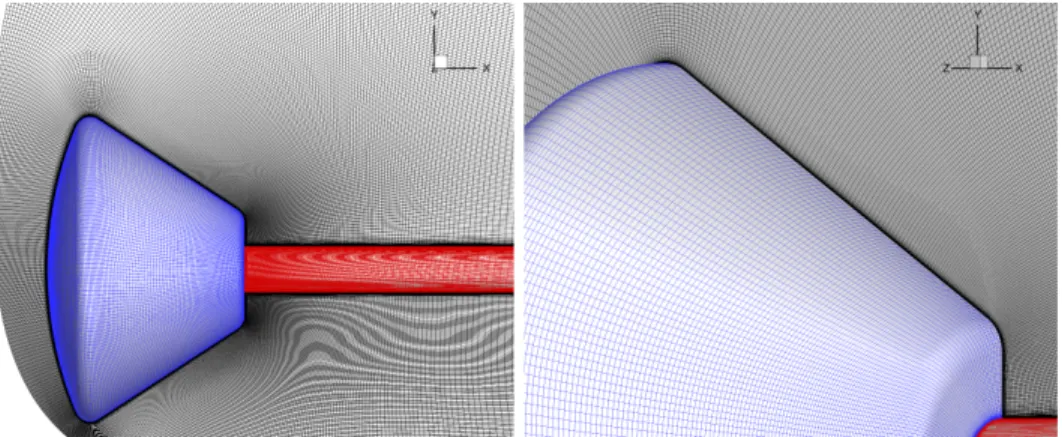 Figure 6. Two views of the baseline (10 million element) computational grid on surface of capsule (blue) and sting (red), and in the capsule pitch-plane (black).