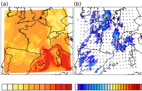 Figure 2. (a) Speciﬁc humidity (mulative precipitation (mm hmodel level 52 (AROME-France 3 h forecasts ensemble, valid at 03:00 UTC on 4q, kgkg−1) and (b) surface cu-−1) overlaid with winds vector at≈ 920 hPa)