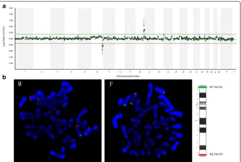 Fig. 3 Parental origin analysis of submicroscopic segmental duplication and deletion. Sample C0044: Chart a shows the result of array CGHindicating del(6q25.3-qter) (12.5 M) and dup(10q26.11-qter) (13.8 M)