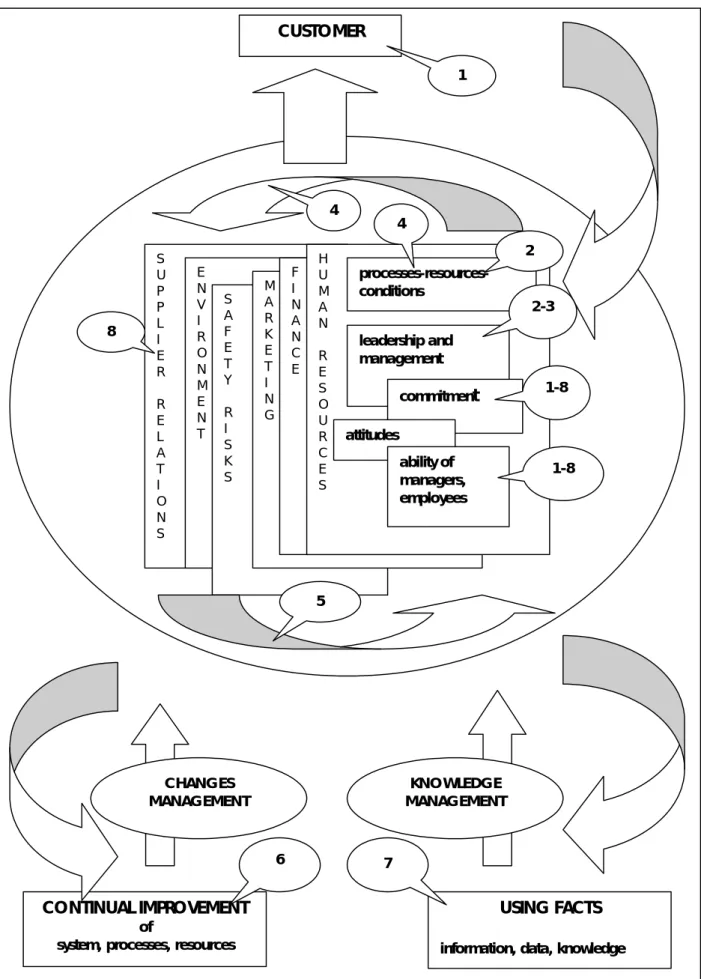 Figure 3.5 QM processes according to the eight ISO 9000 principles: 1 Customer focus, 2 Leadership, 3  Involvement of people, 4 Process approach, 5 System approach to management, 6 Continual improvement, 7 Factual  approach to decision making,  8 Mutually 