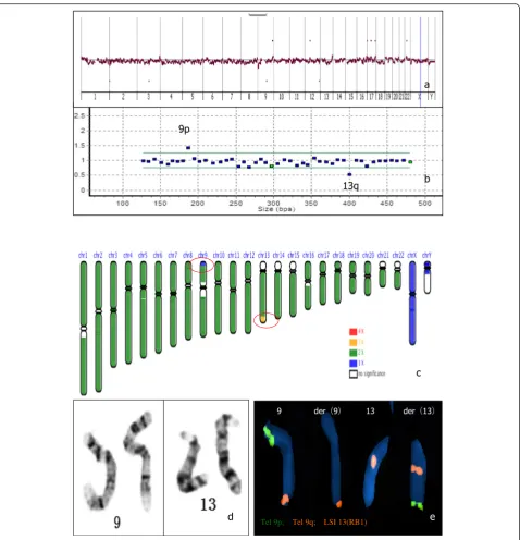 Fig. 1 Case 1. 1karyotyping of 550 bands showed no obvious structural abnormality; 146,XY.ngs[GRCh37/hg19] 9p24.3-9p24.1(10,291-8,680,890×1),13q33.1-13q34(103,046,327-114,785,444×3) (indicated by red circle); 1a: PGS profile of array CGH was normal; 1b: Th