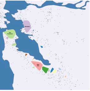 Figure 3: The result of the CCA in the San Francisco Bay Area, for ℓ = 1 km. Only clusters with atleast a hundred publications are shown as colored polygons, other locations are plotted as black dots.Note that with this critical distance the stretch of sea between San Francisco and Berkeley segments thetwo high productive areas in separate clusters.