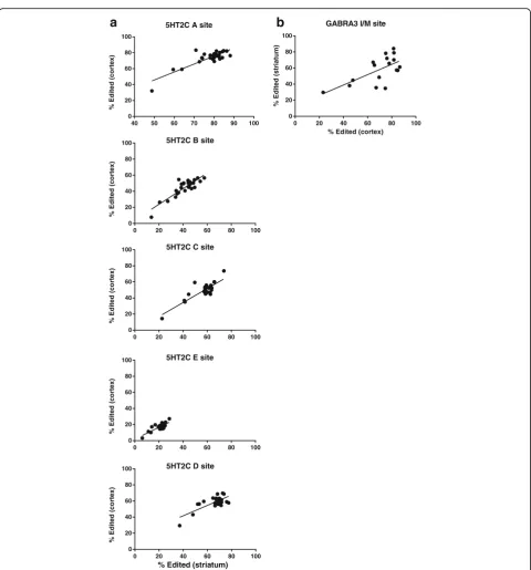 Fig. 4 Correlation of editing between the striatum and cortex. Relationships resulting in a p < .01 are shown