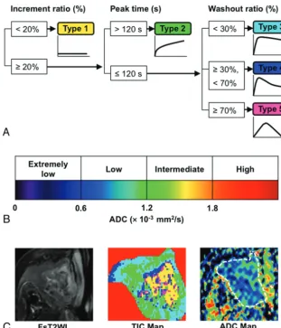 Fig 1. TIC and ADC categorization.type 3, 9% type 4, and 6% type 5 areas; ADC mapping, 17%extremely low, 78% low, 5% intermediate, and 0% high ADCareas