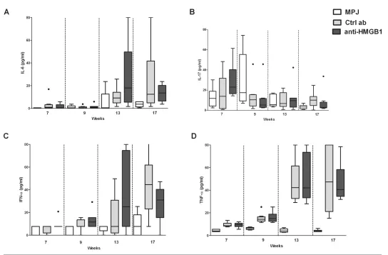 Figure 3. Anti-HMGB1 mAb treatment of MRL/lprcytokines IL-6 (A), IL-17A (B), IFN- mice does not affect plasma levels of proinflammatory cytokines