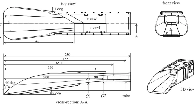 Figure 6.1: Different perspectives of the 3D-GRK intake; dimensions are in millimeter.