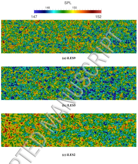 FIG.  9.  Snapshot  of  the  SPL  calculation  on  the  plate  in  the  fully  turbulent  region  with  three  different orders of accuracy, a) iLES9, b) iLES5, and c) iLES2