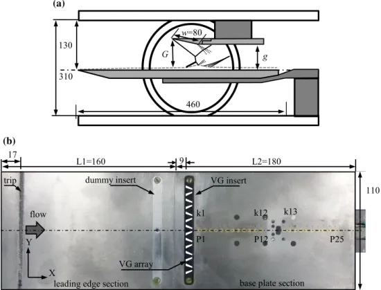 Fig. 2 Test model details a schematic of the experimental setup and b flat-plate model details with the pressure sensors and VG insert locations.