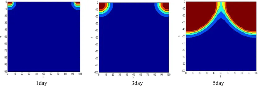 Figure 3. Evolution of simulated water content distribution in wetted soil over time. 