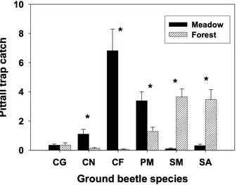 Figure 1. Mean pitfall-trap catches of six ground beetle species in forest and meadow habitats in the 2001–2005 beetle surveys