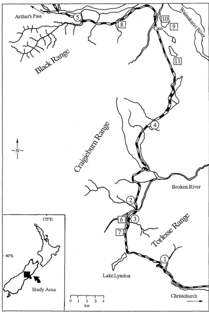 Figure 2.1. Location of Stream River the study sites in the Waimakariri River basin. The unstable sites are: Kowai = 1; Whitewater Stream = 2; Dry Stream = 3; Craigieburn Cutting Stream = 4 and Bruce = 5