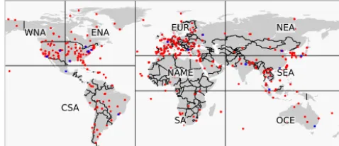 Figure 1. Regions used in the evaluation of the algorithm: WestNorth America (WNA), East North America (ENA), Central andSouth America (CSA), Europe (EUR), North Africa and MiddleEast (NAME), South Africa (SA), Northeast Asia (NEA), South-east Asia (SEA), 